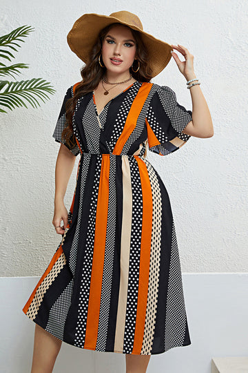 Plus Size Dekolt V Czarna Letnia Sukienka Z Krótkim Rękawem
